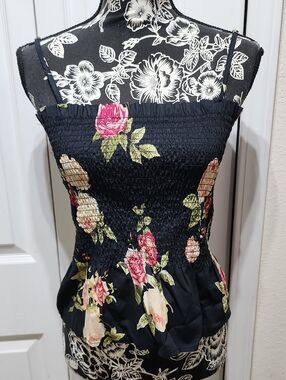 Black Floral Smocked Peplum Tank Top S